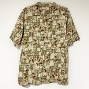 Island Republic Silk Olive Floral Hawaiian Short Sleeve Button Down Shirt XL